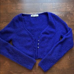 Zara Women's Royal Purple Cropped Button Cardigan Sweater